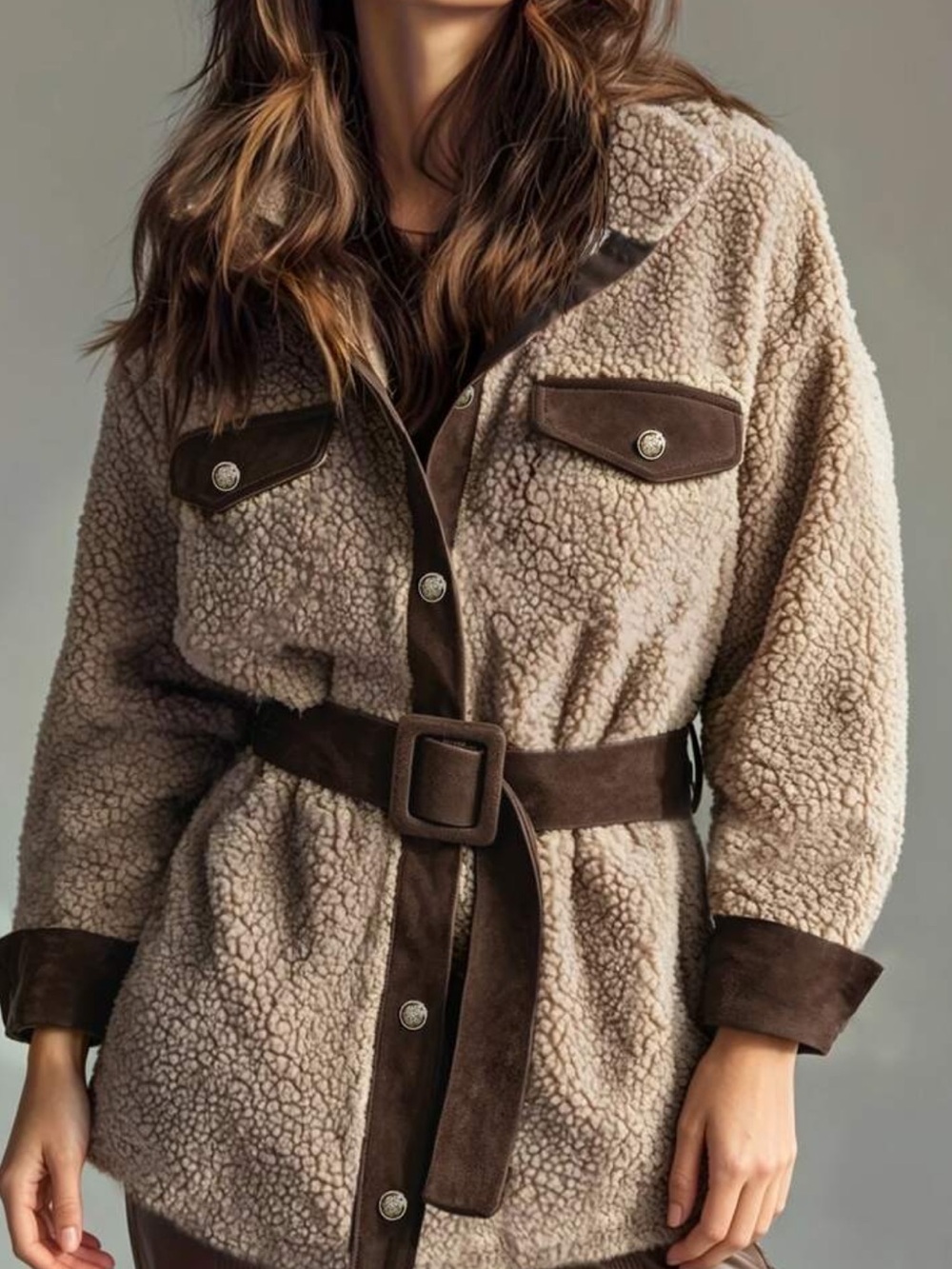 Women's American Vintage Patchwork Leather & Lamb Fleece Jacket, Turn-Down